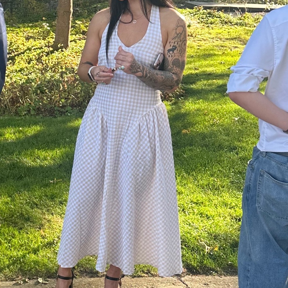 SHEIN White and Cream Checkered Backless Dress